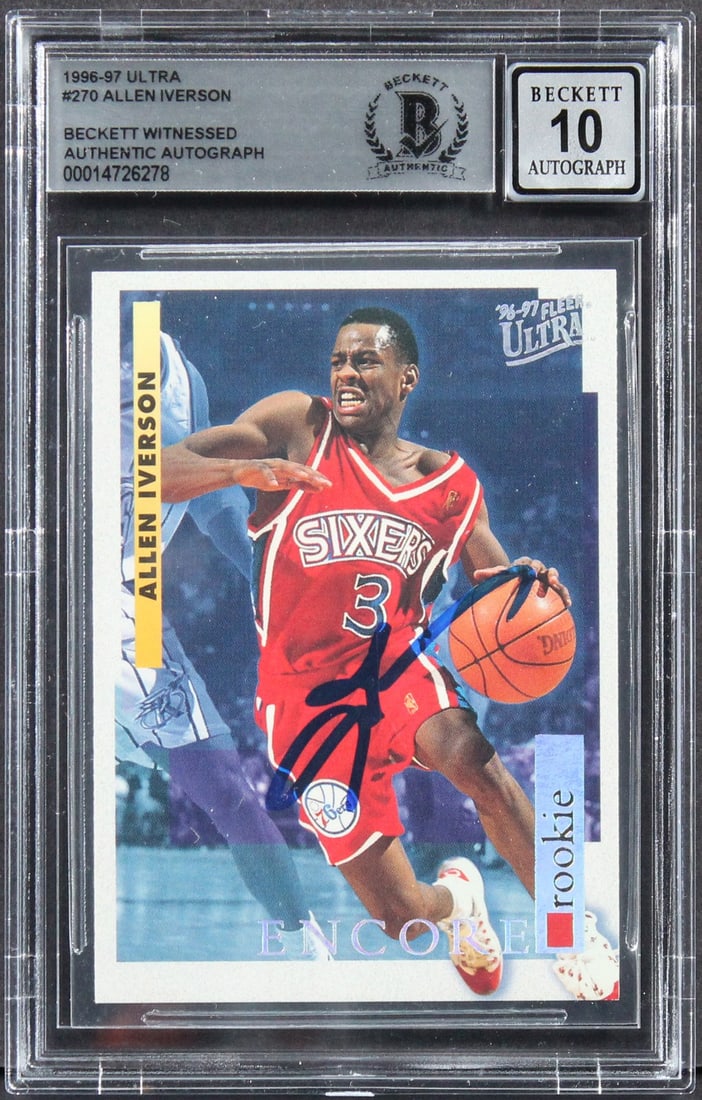 Allen Iverson Signed 1996 Ultra Rookie Card Gem Mint 10 BAS Slabbed: Allen Iverson Signed 1996 Ultra Rookie Card Gem Mint 10 BAS Slabbed This is a 1996 Ultra #270 rookie card of Allen Iverson, personally signed by the legendary player himself. Graded as Gem Mint 10, th