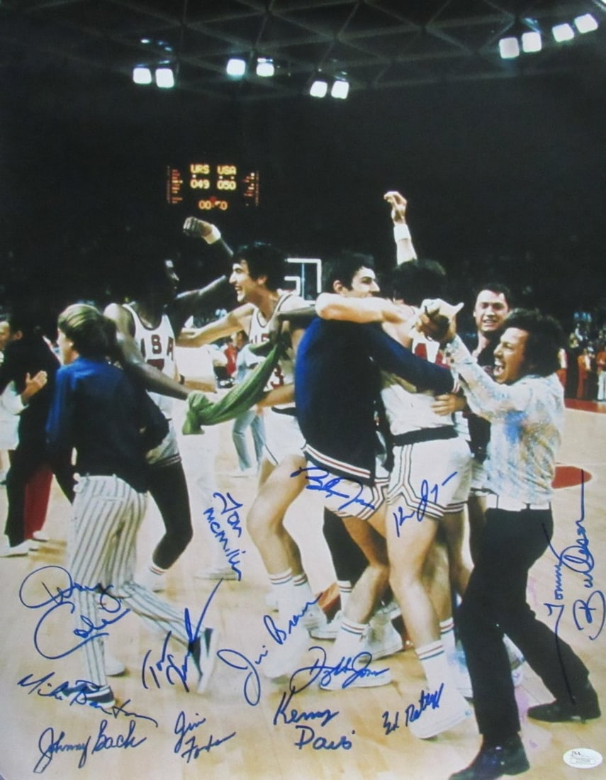 1972 Team USA Basketball 16x20 Signed Photo JSA Certified 13 Autographs: 1972 Team USA Basketball 16x20 Signed Photo JSA Certified 13 Autographs This remarkable piece of sports history features a team-signed 16x20 color photo from the legendary 1972 Team USA Olympic Basket