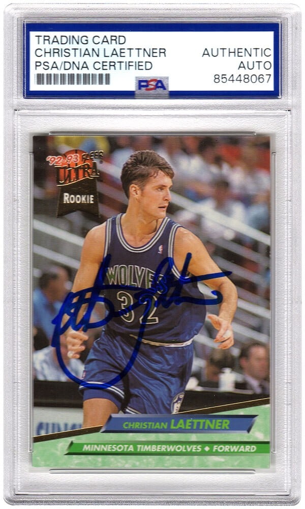 Christian Laettner Signed 1992-93 Fleer Ultra RC Card #304 PSA/DNA: Christian Laettner Signed 1992-93 Fleer Ultra RC Card #304 PSA/DNA This is a signed rookie basketball card of Christian Laettner from the Minnesota Timberwolves, featuring the 1992-93 Fleer Ultra desi