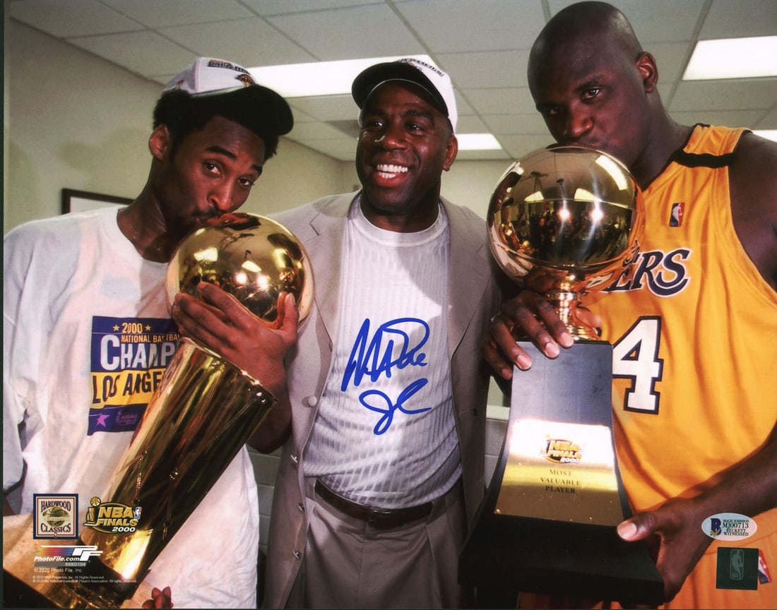 Magic Johnson Signed 11x14 Lakers Finals Photo with Shaq and Kobe BAS Authenticated (1 of 3)