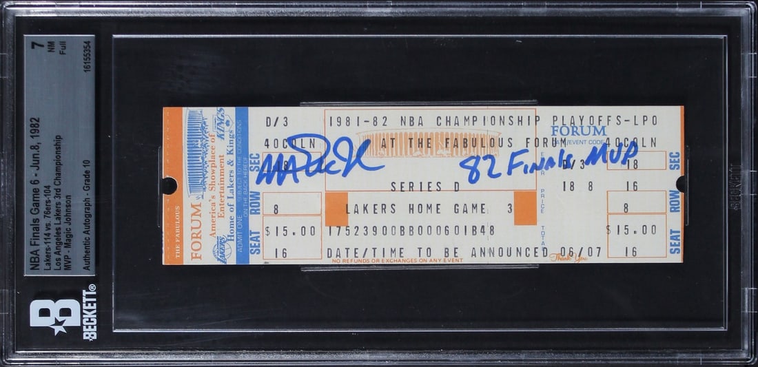 Beckett Slabbed Magic Johnson 1982 Finals MVP Signed Ticket: Beckett Slabbed Magic Johnson 1982 Finals MVP Signed Ticket This is an original full ticket stub from Game 6 of the 1982 NBA Finals, held on June 8, 1982. The ticket is personally signed by Magic John