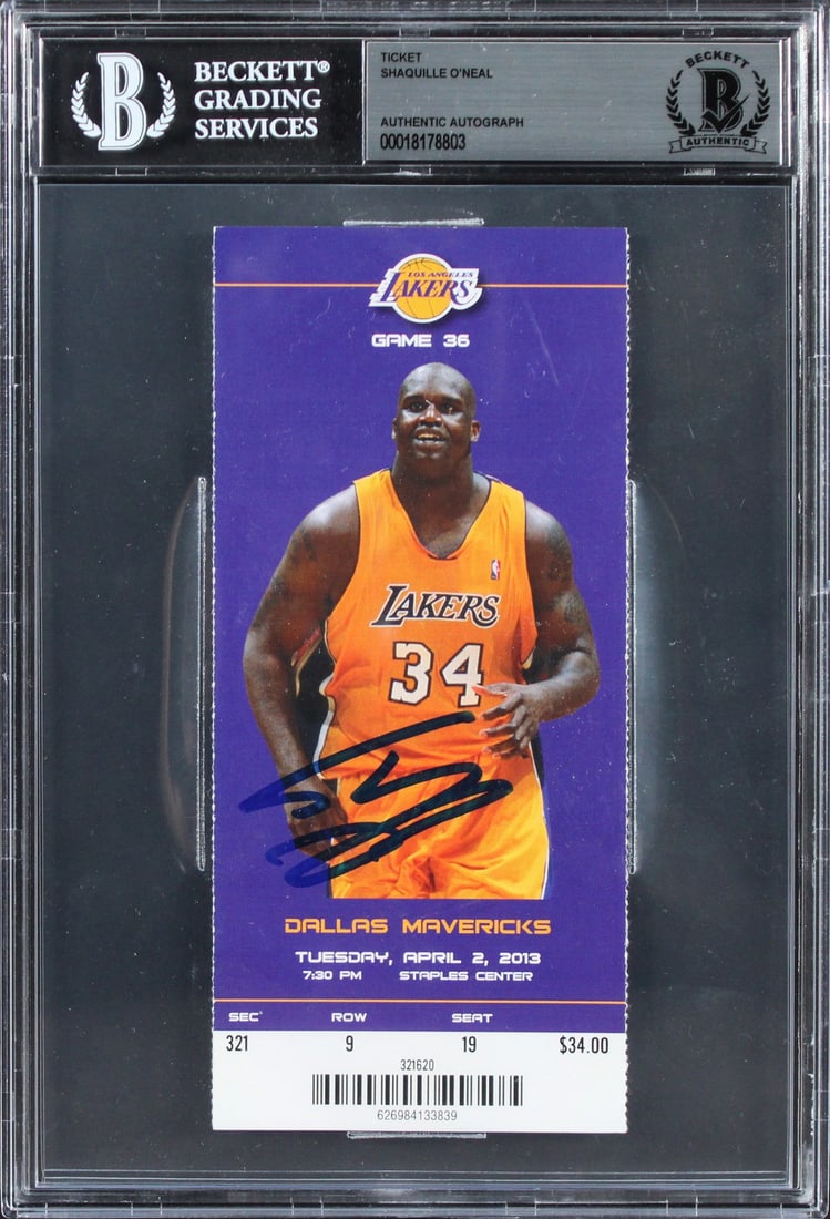 Shaquille O'Neal Signed Lakers Ticket Stub April 2 2013 Beckett Authenticated: Shaquille O'Neal Signed Lakers Ticket Stub April 2 2013 Beckett Authenticated This is a full ticket stub from the Los Angeles Lakers game on April 2, 2013, featuring the Dallas Mavericks. It has been 