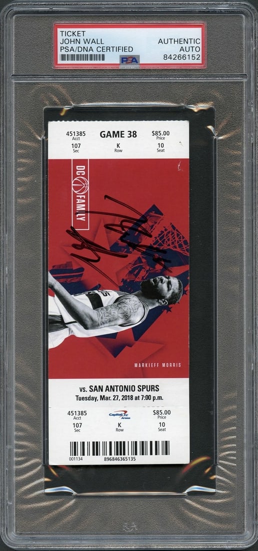 PSA DNA Authenticated John Wall Autographed Washington Wizards Ticket Stub: PSA DNA Authenticated John Wall Autographed Washington Wizards Ticket Stub This is a slabbed ticket stub autographed by NBA player John Wall of the Washington Wizards. The ticket stub has been authent