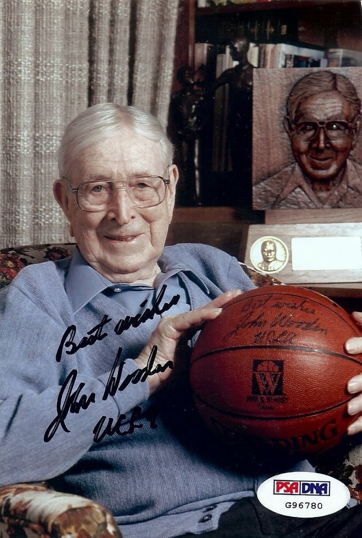 John Wooden Autographed 4X6 Photo UCLA Bruins Best Wishes PSA Certified: John Wooden Autographed 4X6 Photo UCLA Bruins Best Wishes PSA Certified This is an original 4X6 photo featuring the legendary John Wooden, known for his exceptional coaching career with the UCLA Bruin