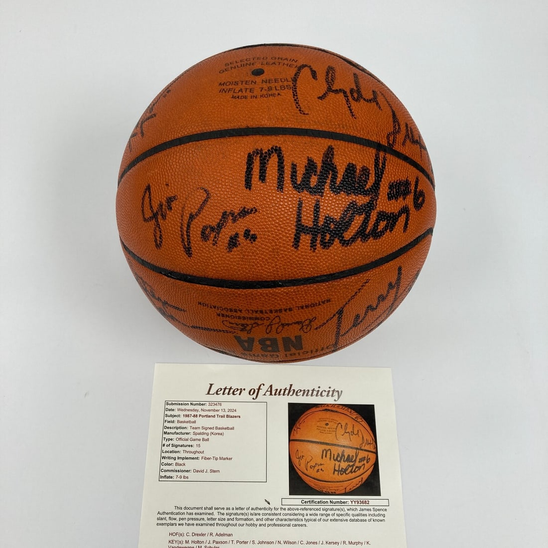 1987-88 Portland Trail Blazers Signed Game Used Spalding Basketball with JSA COA: 1987-88 Portland Trail Blazers Signed Game Used Spalding Basketball with JSA COA This original 1987-88 Portland Trail Blazers game-used Spalding basketball features 15 authentic signatures, including 