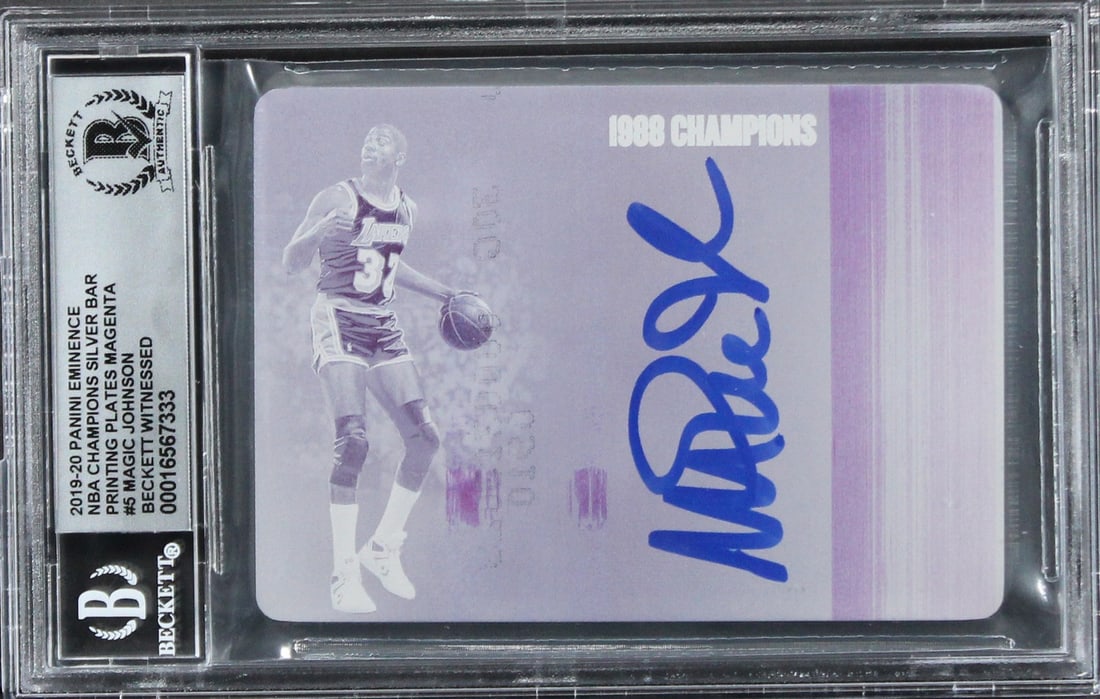 Magic Johnson 2019 Panini Eminence 1 of 1 Signed Card Beckett Auto 10 Slabbed: Magic Johnson 2019 Panini Eminence 1 of 1 Signed Card Beckett Auto 10 Slabbed This is a 2019 Panini Eminence NBA Champions Silver Bar Printing Plates Magenta #5 #1/1 card, personally signed by Magic J