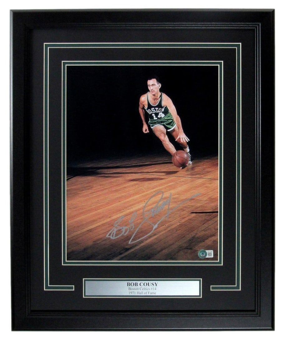 Framed 11x14 Photo Signed by Bob Cousy Boston Celtics Beckett Authenticated: Framed 11x14 Photo Signed by Bob Cousy Boston Celtics Beckett Authenticated This framed 11x14 photo features an authentic autograph from Bob Cousy, Hall of Famer and legendary Boston Celtics player. T