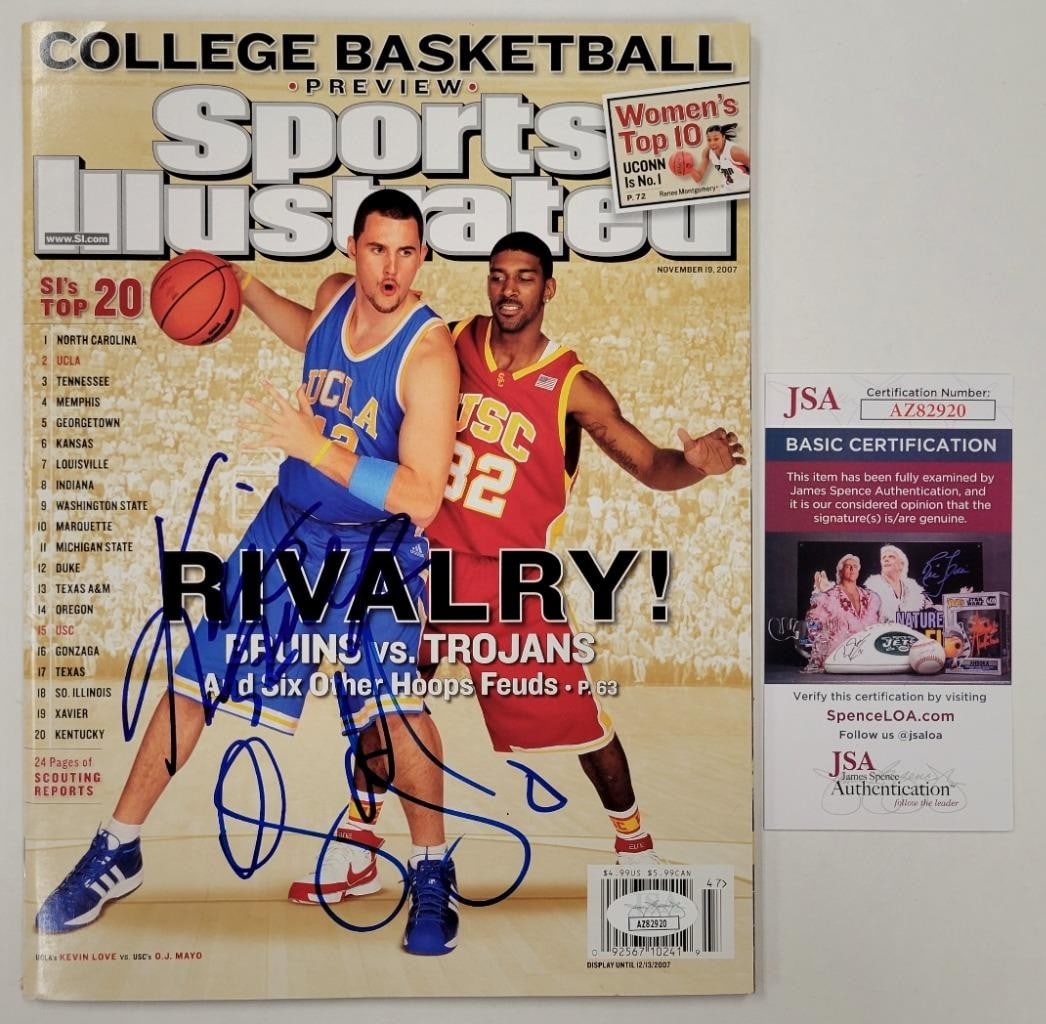 UCLA USC Sports Illustrated Magazine signed by Kevin Love and OJ Mayo JSA: UCLA USC Sports Illustrated Magazine signed by Kevin Love and OJ Mayo JSA This original Sports Illustrated magazine features autographs from basketball players Kevin Love and O.J. Mayo. The magazine i