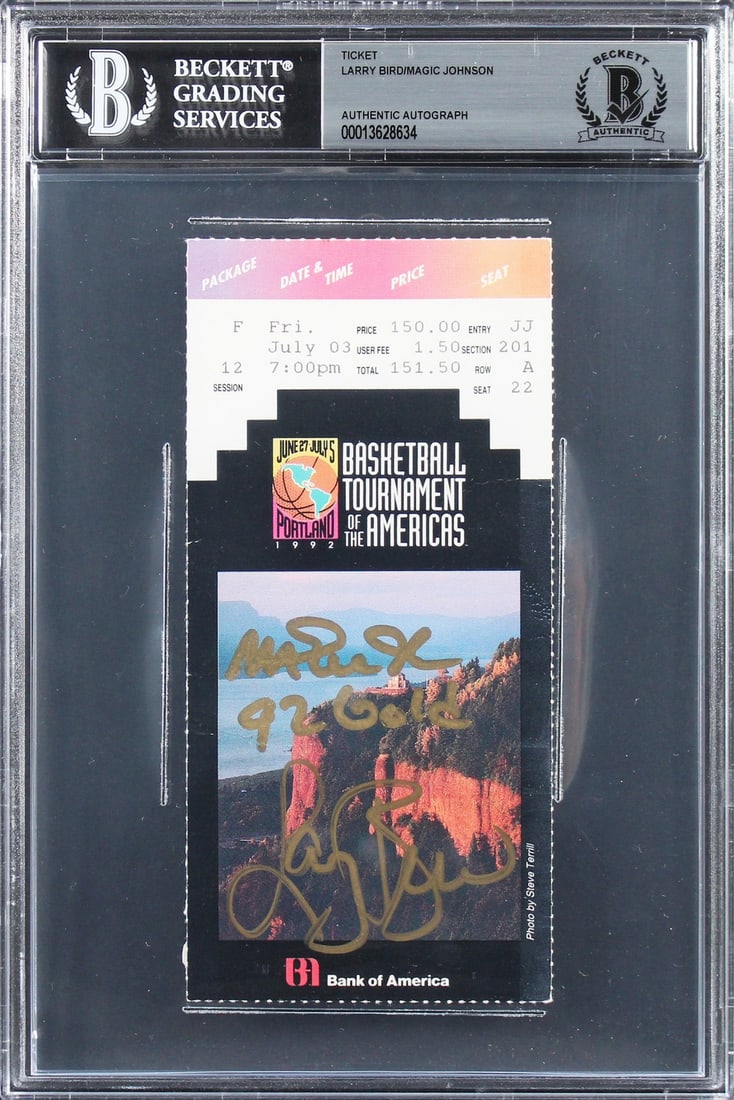 Magic Johnson Larry Bird Signed 1992 TOTA Ticket Stub BAS Authenticated: Magic Johnson Larry Bird Signed 1992 TOTA Ticket Stub BAS Authenticated This is an original autographed ticket stub from the 1992 Basketball Tournament of the Americas, personally signed by basketball