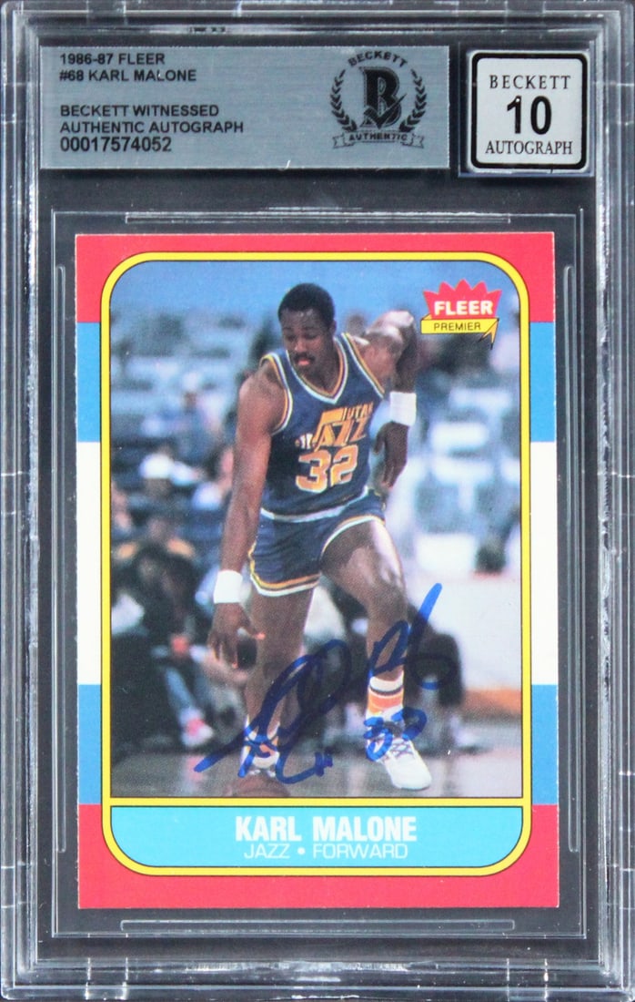 Karl Malone 1986 Fleer Rookie Autographed Card BAS Gem Mint 10 Slab: Karl Malone 1986 Fleer Rookie Autographed Card BAS Gem Mint 10 Slab This 1986 Fleer #68 rookie card features Karl Malone of the Utah Jazz and has been personally signed by Malone. The autograph has re