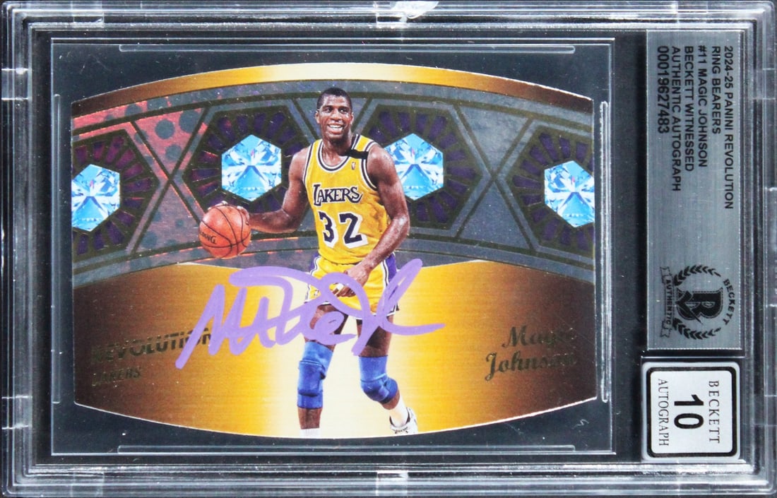 Beckett slabbed Magic Johnson autographed 2024 Panini Revolution Ring Bearers #11: Beckett slabbed Magic Johnson autographed 2024 Panini Revolution Ring Bearers #11 This 2024 Panini Revolution #11 trading card features Magic Johnson of the Los Angeles Lakers and has been personally 