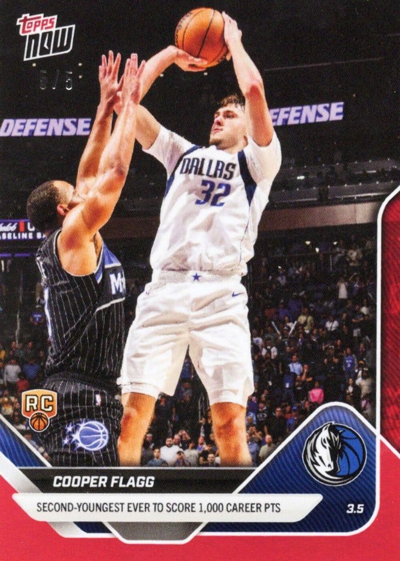 Cooper Flagg 2025 Topps Now Red /5 Rookie Card Mavericks #193: Cooper Flagg 2025 Topps Now Red /5 Rookie Card Mavericks #193 This is an original 2025 Topps Now Cooper Flagg #193 Red /5 rookie basketball card featuring Cooper Flagg of the Dallas Mavericks. The car