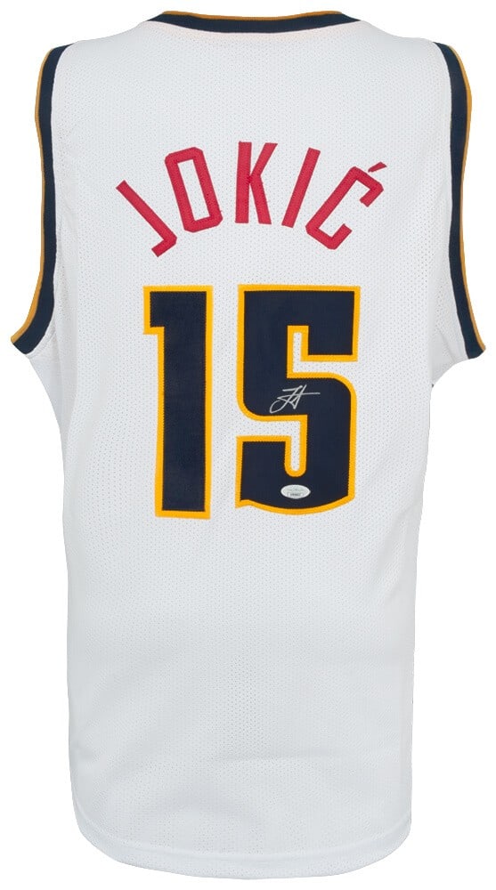 Nikola Jokic Denver Nuggets Signed White Custom Jersey JSA COA: Nikola Jokic Denver Nuggets Signed White Custom Jersey JSA COA This is a pre-owned white custom basketball jersey signed by Nikola Jokic of the Denver Nuggets. The jersey includes a JSA (James Spence 