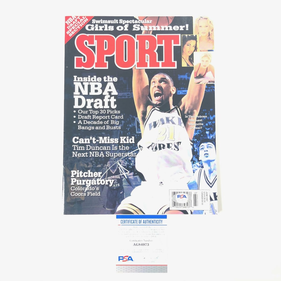 Tim Duncan PSA DNA signed Wake Forest Sport Magazine: Tim Duncan PSA DNA signed Wake Forest Sport Magazine This Sport Magazine features the authentic signature of NBA star Tim Duncan. The magazine highlights his connection to Wake Forest and the San Anto