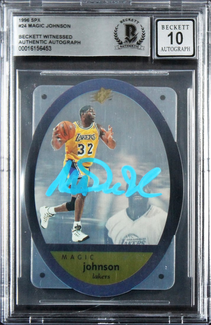 Magic Johnson Signed 1996 SPX #24 Card Gem Mint 10 Beckett Authenticated: Magic Johnson Signed 1996 SPX #24 Card Gem Mint 10 Beckett Authenticated This 1996 SPX #24 card features the legendary Magic Johnson of the Los Angeles Lakers. Graded as a Gem Mint 10, this card has b