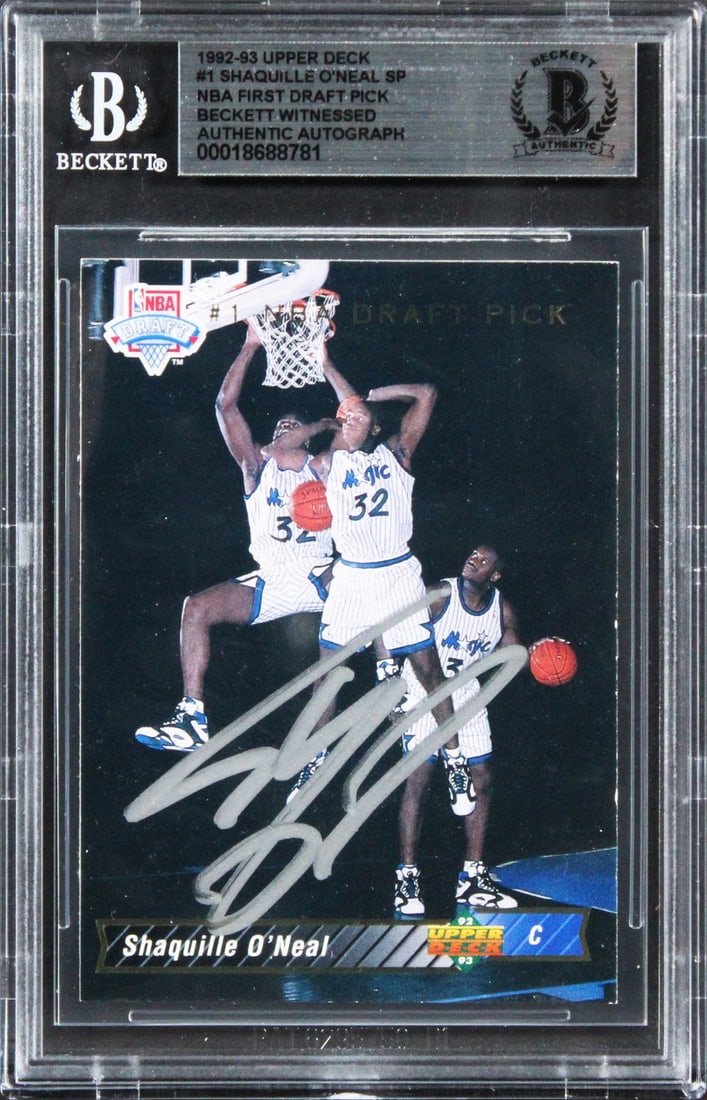 Shaquille O'Neal 1992 Upper Deck Rookie Card Autographed Beckett Slabbed: Shaquille O'Neal 1992 Upper Deck Rookie Card Autographed Beckett Slabbed This is a 1992 Upper Deck #1 Rookie Card personally signed by basketball legend Shaquille O'Neal, a standout player for the Orl