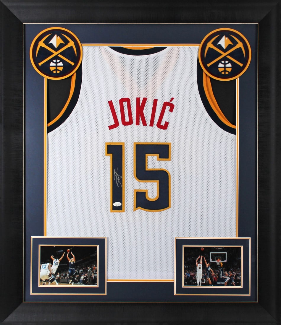Nikola Jokic Signed White Framed Jersey Denver Nuggets JSA COA: Nikola Jokic Signed White Framed Jersey Denver Nuggets JSA COA This authentic, signed white pro-style jersey features the name of Nikola Jokic, star player of the Denver Nuggets. This original item is