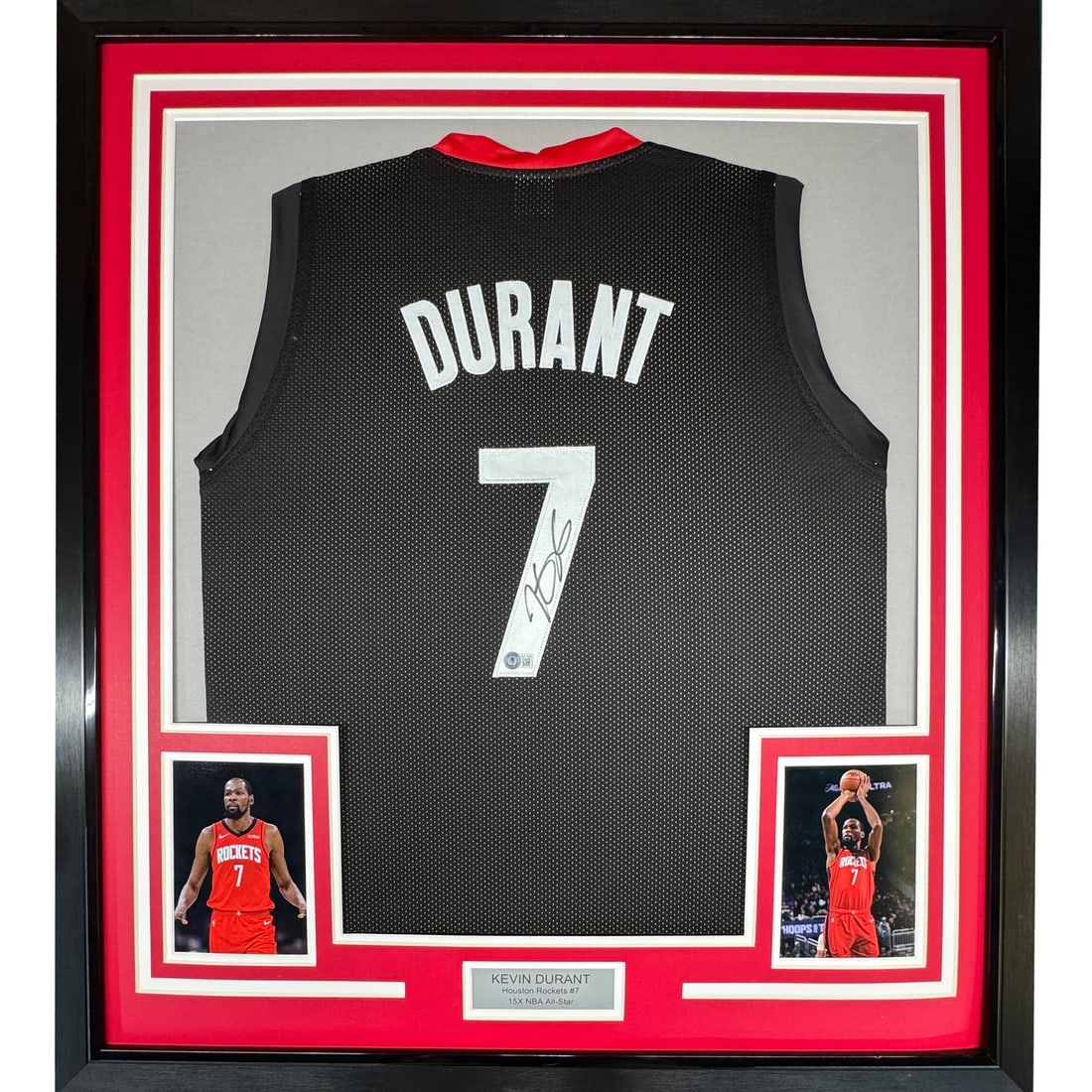 Kevin Durant Signed Houston Rockets Jersey in 35x39 Frame with Beckett COA: Kevin Durant Signed Houston Rockets Jersey in 35x39 Frame with Beckett COA This professionally framed display features a Kevin Durant Houston Rockets black jersey, autographed by the player. The jerse