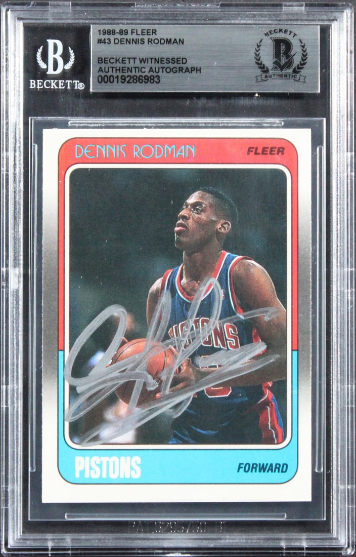 Dennis Rodman Signed 1988 Fleer Rookie Card Beckett Authenticated Slab: Dennis Rodman Signed 1988 Fleer Rookie Card Beckett Authenticated Slab This is an original 1988 Fleer #43 rookie card personally signed by Dennis Rodman of the Detroit Pistons. The autograph has been 