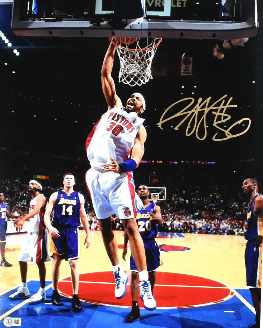 Rasheed Wallace Signed 16x20 Detroit Pistons Dunk Photo Beckett Hologram: Rasheed Wallace Signed 16x20 Detroit Pistons Dunk Photo Beckett Hologram This is an original 16x20 photo featuring Rasheed Wallace of the Detroit Pistons. The photo is autographed by Rasheed Wallace a