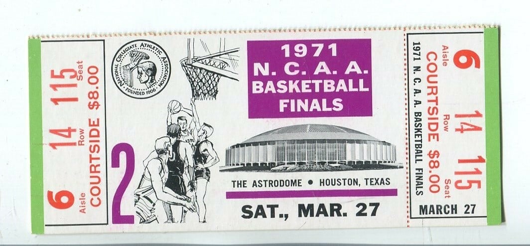 1971 NCAA Basketball Finals UCLA Bruins Full Ticket Astrodome: 1971 NCAA Basketball Finals UCLA Bruins Full Ticket Astrodome This is an original full ticket from the 1971 NCAA Men's Basketball Finals held on March 27, featuring the UCLA Bruins as the champions. T