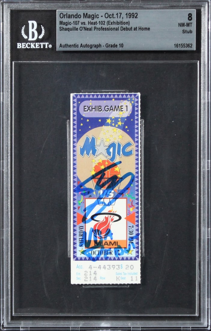 Shaquille O'Neal Signed 1992 Orlando Magic NBA Debut Ticket BAS NM-MT 8 Auto 10: Shaquille O'Neal Signed 1992 Orlando Magic NBA Debut Ticket BAS NM-MT 8 Auto 10 This is an original ticket stub from the October 17, 1992, game between the Orlando Magic and Miami Heat, personally sig