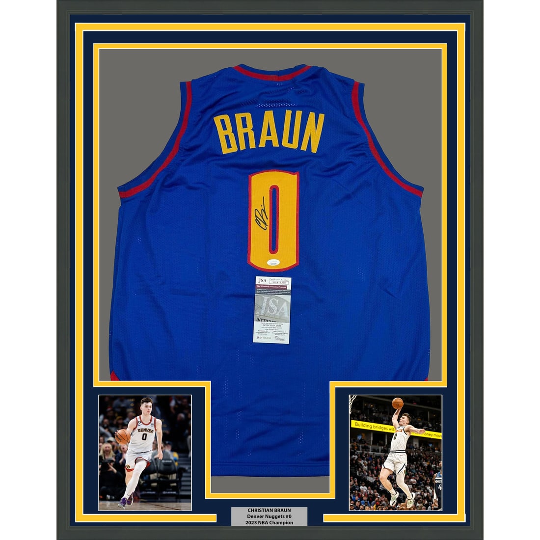 Christian Braun framed Denver Nuggets jersey JSA COA 35x39: Christian Braun framed Denver Nuggets jersey JSA COA 35x39 This professionally framed and matted display features a Denver Nuggets royal blue jersey autographed by Christian Braun. The jersey is authe
