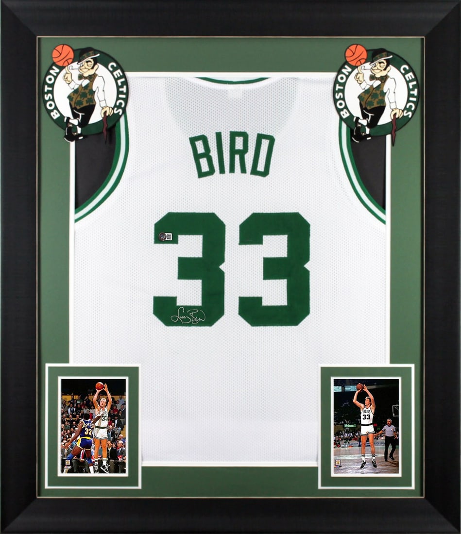 Larry Bird Signed Framed Jersey Boston Celtics BAS Authenticated: Larry Bird Signed Framed Jersey Boston Celtics BAS Authenticated This is an authentic, autographed white pro-style jersey personally signed by Larry Bird, a legendary player of the Boston Celtics. The