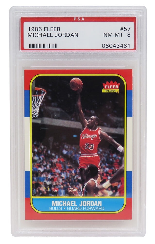 Michael Jordan 1986 Fleer Rookie Card #57 PSA 8 Chicago Bulls: Michael Jordan 1986 Fleer Rookie Card #57 PSA 8 Chicago Bulls Presenting the iconic Michael Jordan 1986 Fleer Basketball #57 Rookie Card, a must-have for any serious collector. This card features the 
