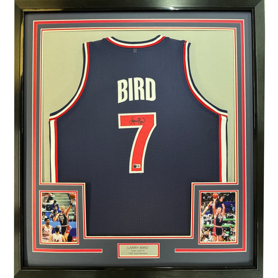 Framed Larry Bird Autographed 92 Dream Team Jersey with BAS COA: Framed Larry Bird Autographed 92 Dream Team Jersey with BAS COA Celebrate the legacy of basketball legend Larry Bird with this professionally framed and autographed USA Blue 1992 Dream Team jersey. Me