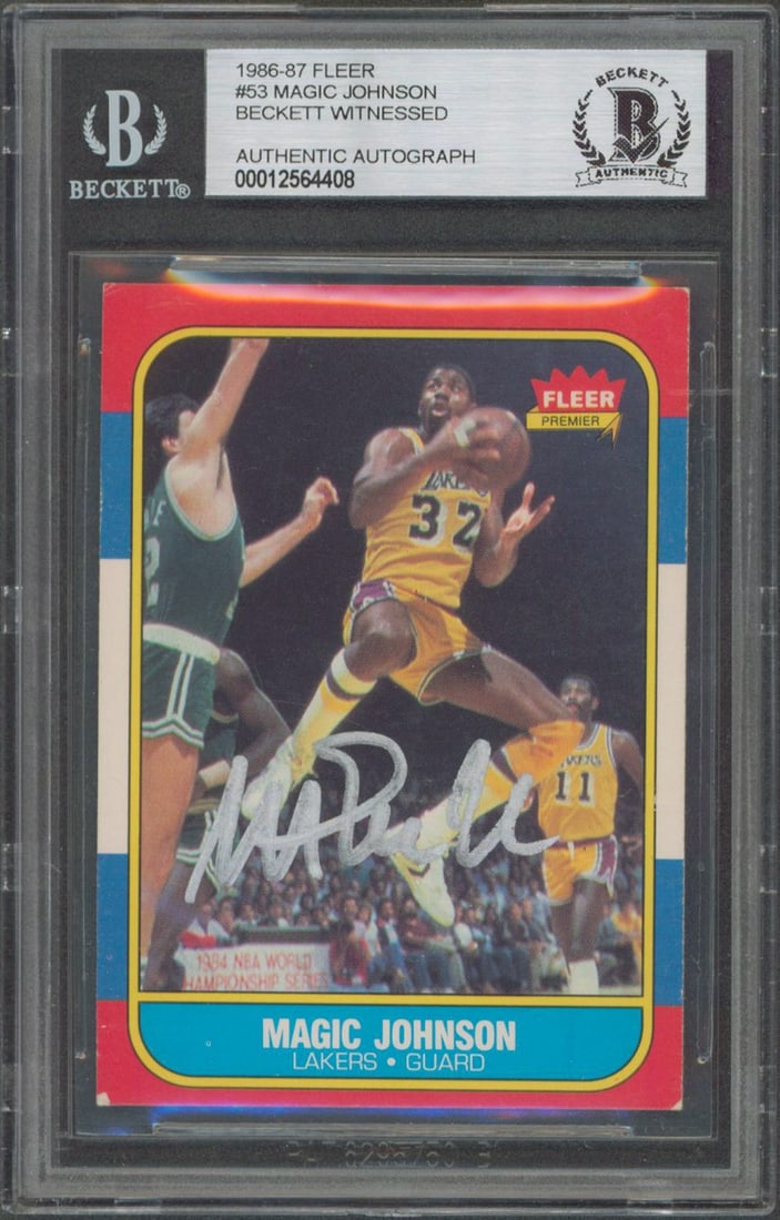 Beckett slabbed Magic Johnson 1986 Fleer #53 Lakers autograph card: Beckett slabbed Magic Johnson 1986 Fleer #53 Lakers autograph card This is an original 1986 Fleer #53 basketball card, personally signed by Magic Johnson of the Los Angeles Lakers. The card has been a