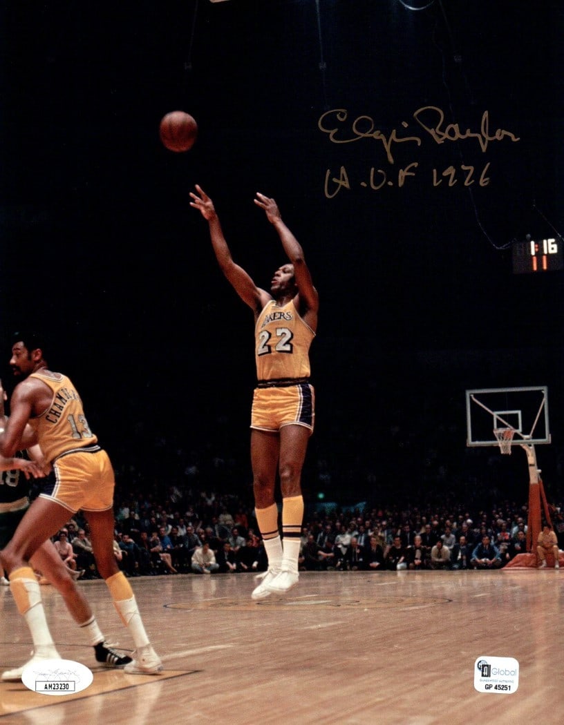 Elgin Baylor Signed 8X10 Lakers Photo HOF 1976 JSA Authenticated: Elgin Baylor Signed 8X10 Lakers Photo HOF 1976 JSA Authenticated Celebrate the legacy of Elgin Baylor with this signed 8X10 photo capturing him in a dynamic jump shot as a member of the Los Angeles La