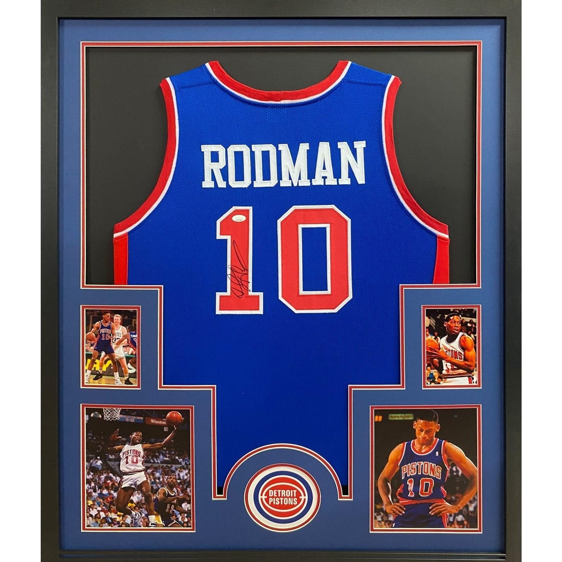 Dennis Rodman Autographed Framed Jersey Detroit Pistons JSA Certified: Dennis Rodman Autographed Framed Jersey Detroit Pistons JSA Certified This is a signed and framed blue jersey of Dennis Rodman, featuring the iconic logo of the Detroit Pistons. The jersey is authenti