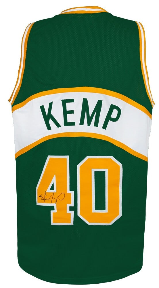 Shawn Kemp Signed Green Throwback Basketball Jersey with COA: Shawn Kemp Signed Green Throwback Basketball Jersey with COA This is a signed green throwback custom basketball jersey of Shawn Kemp, a legendary player for the Seattle Supersonics. The jersey is made