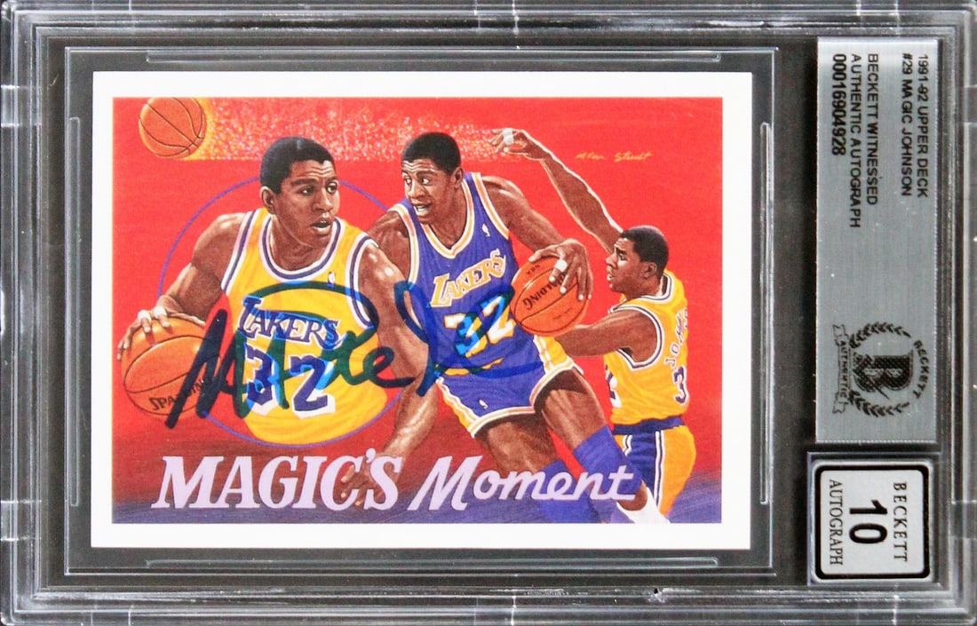 Beckett Slabbed Magic Johnson 1991 Upper Deck #29 Auto 10 Lakers Card: Beckett Slabbed Magic Johnson 1991 Upper Deck #29 Auto 10 Lakers Card This 1991 Upper Deck #29 basketball card features Magic Johnson of the Los Angeles Lakers and has been personally hand-signed by t