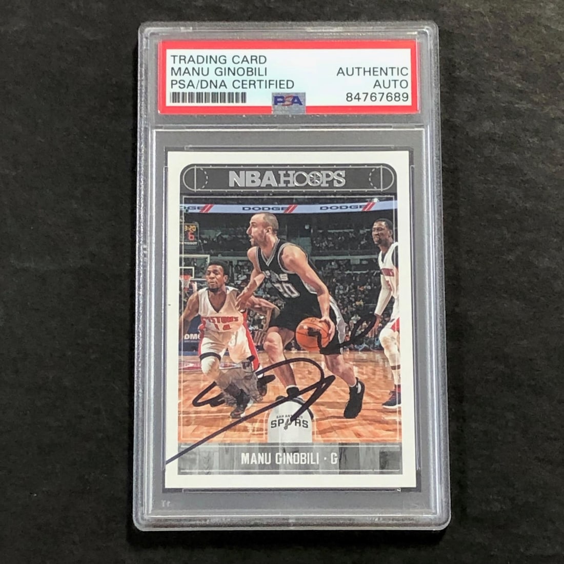 PSA Slabbed Manu Ginobili Auto 2017-18 NBA Hoops #193 Spurs Card: PSA Slabbed Manu Ginobili Auto 2017-18 NBA Hoops #193 Spurs Card This is a 2017-18 NBA Hoops #193 trading card featuring Manu Ginobili, who played for the San Antonio Spurs. The card is signed by Manu