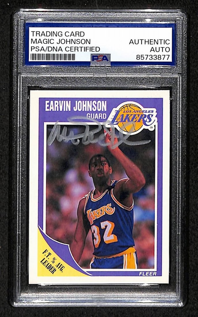 Magic Johnson Hand Signed 1989-90 Fleer Lakers Card 77 PSA DNA Authenticated: Magic Johnson Hand Signed 1989-90 Fleer Lakers Card 77 PSA DNA Authenticated This is an original 1989-90 Fleer basketball card featuring Magic Johnson, card number 77, from the Los Angeles Lakers. The