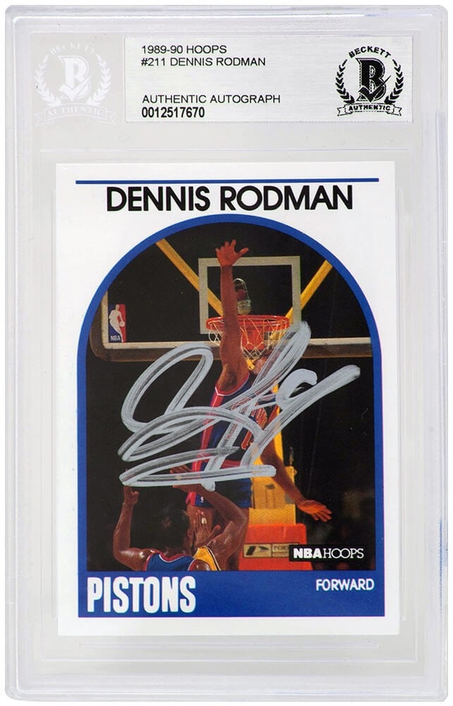Dennis Rodman Signed Detroit Pistons 1989-90 NBA Hoops Card Beckett Encapsulated: Dennis Rodman Signed Detroit Pistons 1989-90 NBA Hoops Card Beckett Encapsulated This Dennis Rodman signed Detroit Pistons 1989-90 NBA Hoops trading card #211 is a must-have for any basketball fan and