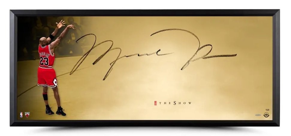 Michael Jordan Autographed Limited Edition 20x46 Framed Photo Shot of Gold Upper Deck Authentic: Michael Jordan Autographed Limited Edition 20x46 Framed Photo Shot of Gold Upper Deck Authentic Celebrate one of the most iconic moments in basketball history with this Michael Jordan Autographed 20" 