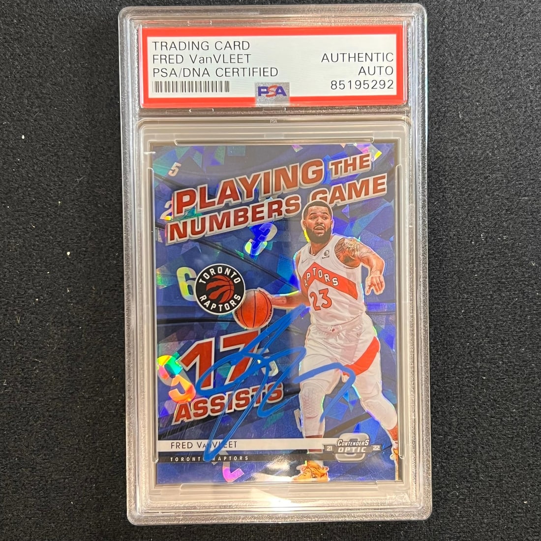 PSA Slabbed Fred VanVleet Autographed Panini Contenders Optic #25 Card: PSA Slabbed Fred VanVleet Autographed Panini Contenders Optic #25 Card This is a 2021-22 Panini Contenders Optic #25 trading card featuring Fred VanVleet. The card has been signed by Fred VanVleet and