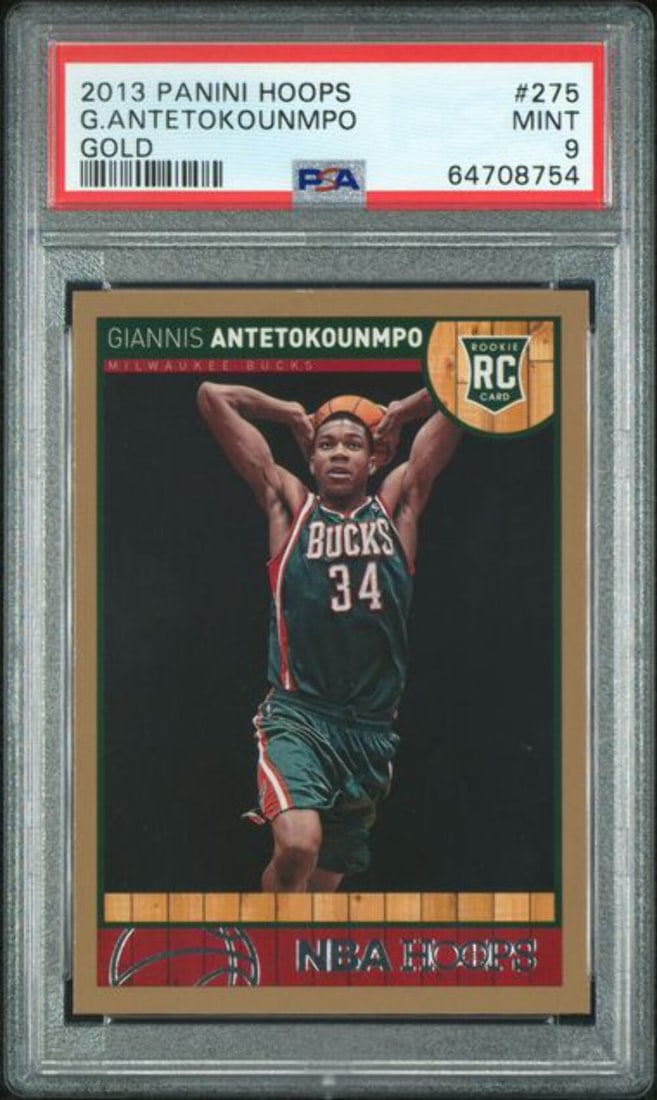 2013 Panini Hoops Giannis Antetokounmpo #275 Gold Rookie Card PSA 9: 2013 Panini Hoops Giannis Antetokounmpo #275 Gold Rookie Card PSA 9 This is a graded 2013 Panini Hoops Giannis Antetokounmpo #275 Gold Rookie card, featuring the talented athlete from the Milwaukee Bu