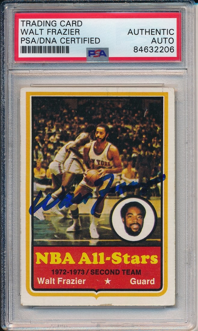 1973-74 Topps Walt Frazier Signed HOF #10 Knicks Card PSA/DNA: 1973-74 Topps Walt Frazier Signed HOF #10 Knicks Card PSA/DNA This listing features a 1973-74 Topps Walt Frazier Hall of Fame #10 card, authentically signed by the New York Knicks legend. This origina