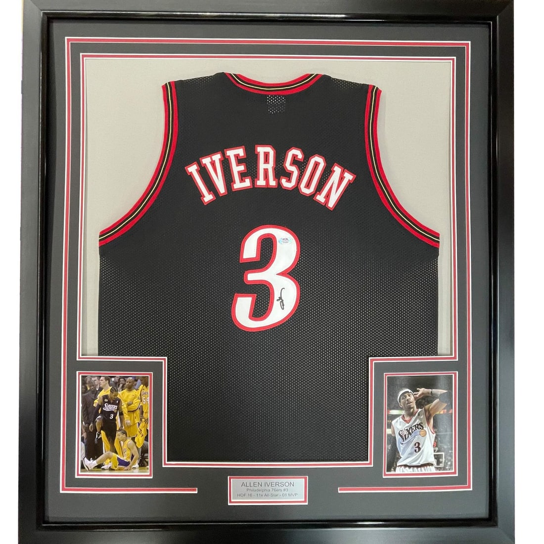Framed Allen Iverson signed Philadelphia 76ers black jersey JSA COA 33x42: Framed Allen Iverson signed Philadelphia 76ers black jersey JSA COA 33x42 This professionally framed and matted Allen Iverson Philadelphia 76ers black jersey features a genuine autograph from Allen Iv