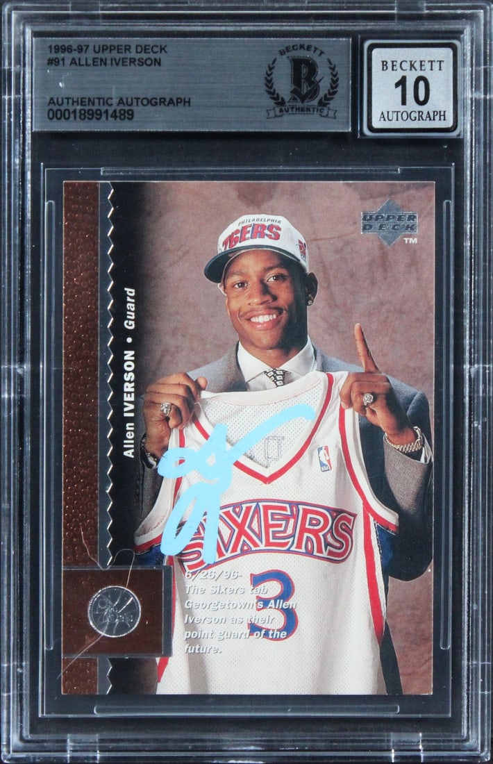 Allen Iverson Beckett Auto 10 Signed Rookie 1996 Upper Deck 91 Basketball Card Slab (1 of 2)