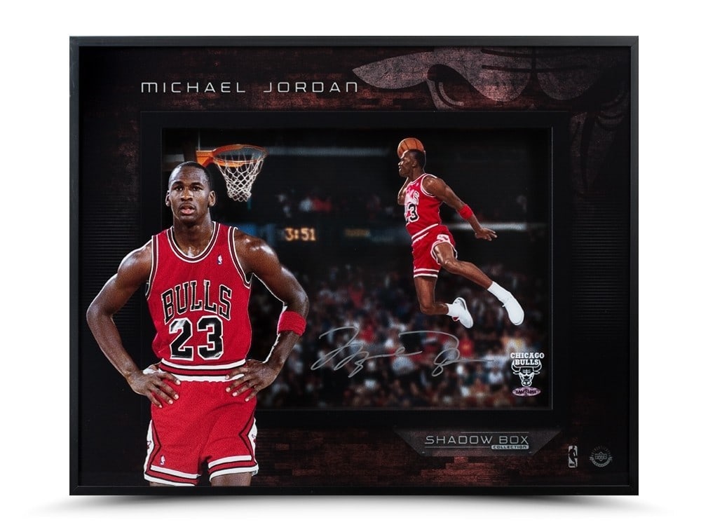 Michael Jordan 16X20 Framed Shadowbox Autographed 88 Slam Dunk Bulls: Michael Jordan 16X20 Framed Shadowbox Autographed 88 Slam Dunk Bulls This stunning 16X20 framed shadowbox features an iconic lithograph print capturing Michael Jordan during his legendary '88 Slam Dun