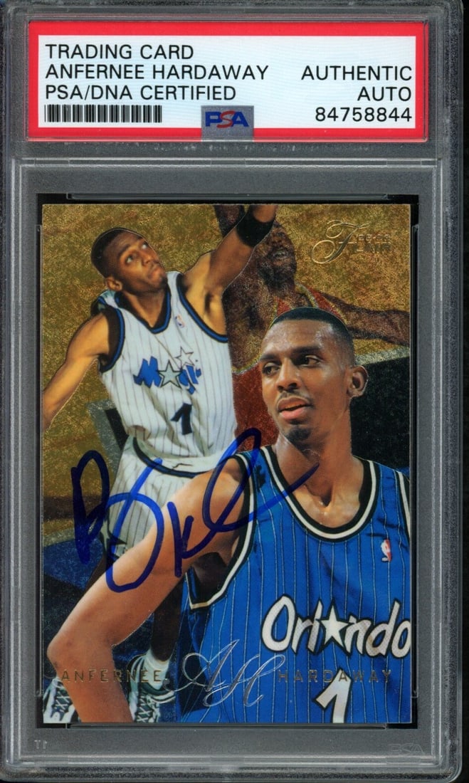 1995-96 Fleer Anfernee Hardaway Signed Card PSA/DNA Orlando Magic: 1995-96 Fleer Anfernee Hardaway Signed Card PSA/DNA Orlando Magic This listing features an authentic 1995-96 Fleer Anfernee Hardaway #96 basketball card, signed by the Orlando Magic star. The card is 