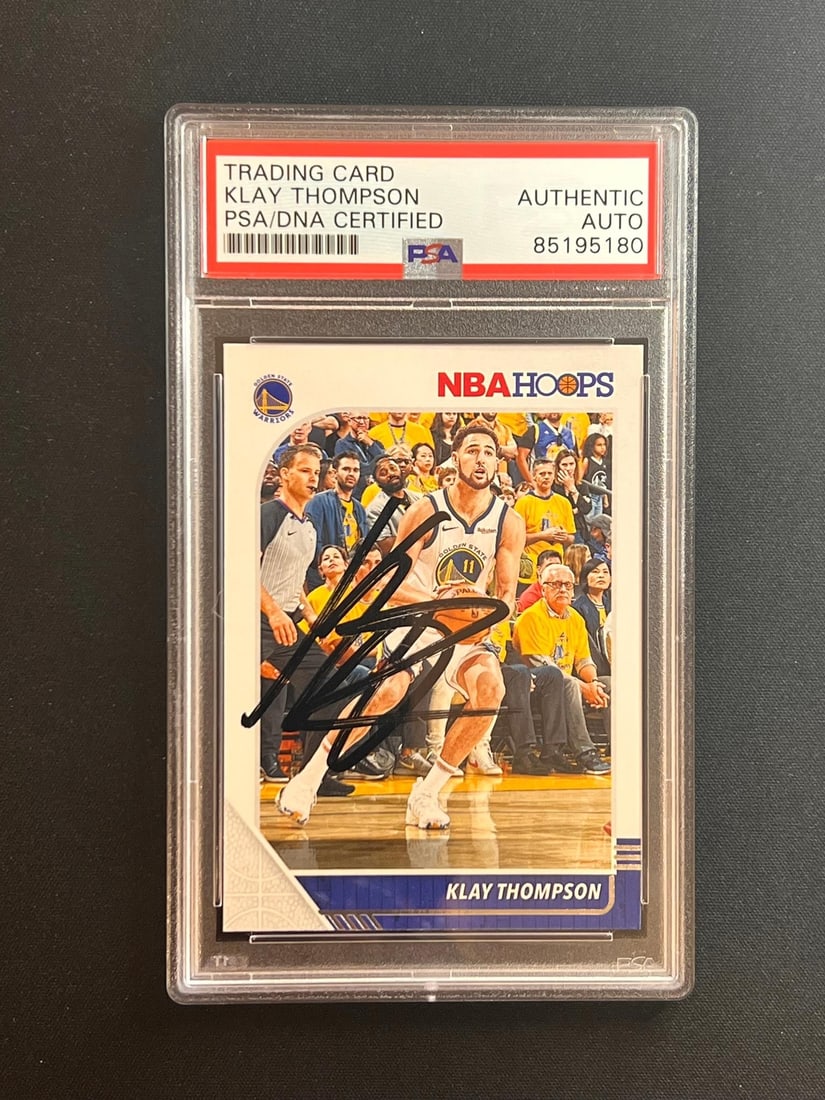 2020-21 Panini Hoops Klay Thompson Signed Card PSA Authenticated: 2020-21 Panini Hoops Klay Thompson Signed Card PSA Authenticated This 2020-21 Panini Hoops #60 card features a bold autograph from Klay Thompson, the talented guard for the Golden State Warriors. The 