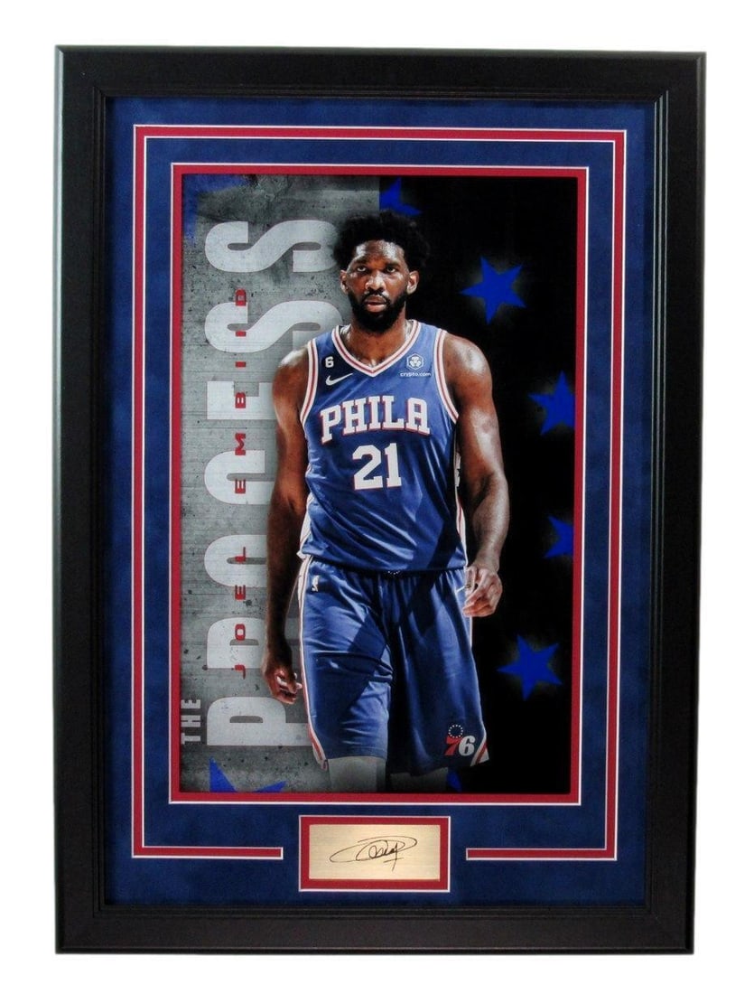 Joel Embiid Autographed 11x17 Framed Photo Philadelphia 76ers: Joel Embiid Autographed 11x17 Framed Photo Philadelphia 76ers This item features an 11x17 photo of Joel Embiid, skillfully framed and engraved, showcasing his signature. Ideal for any Philadelphia 76e