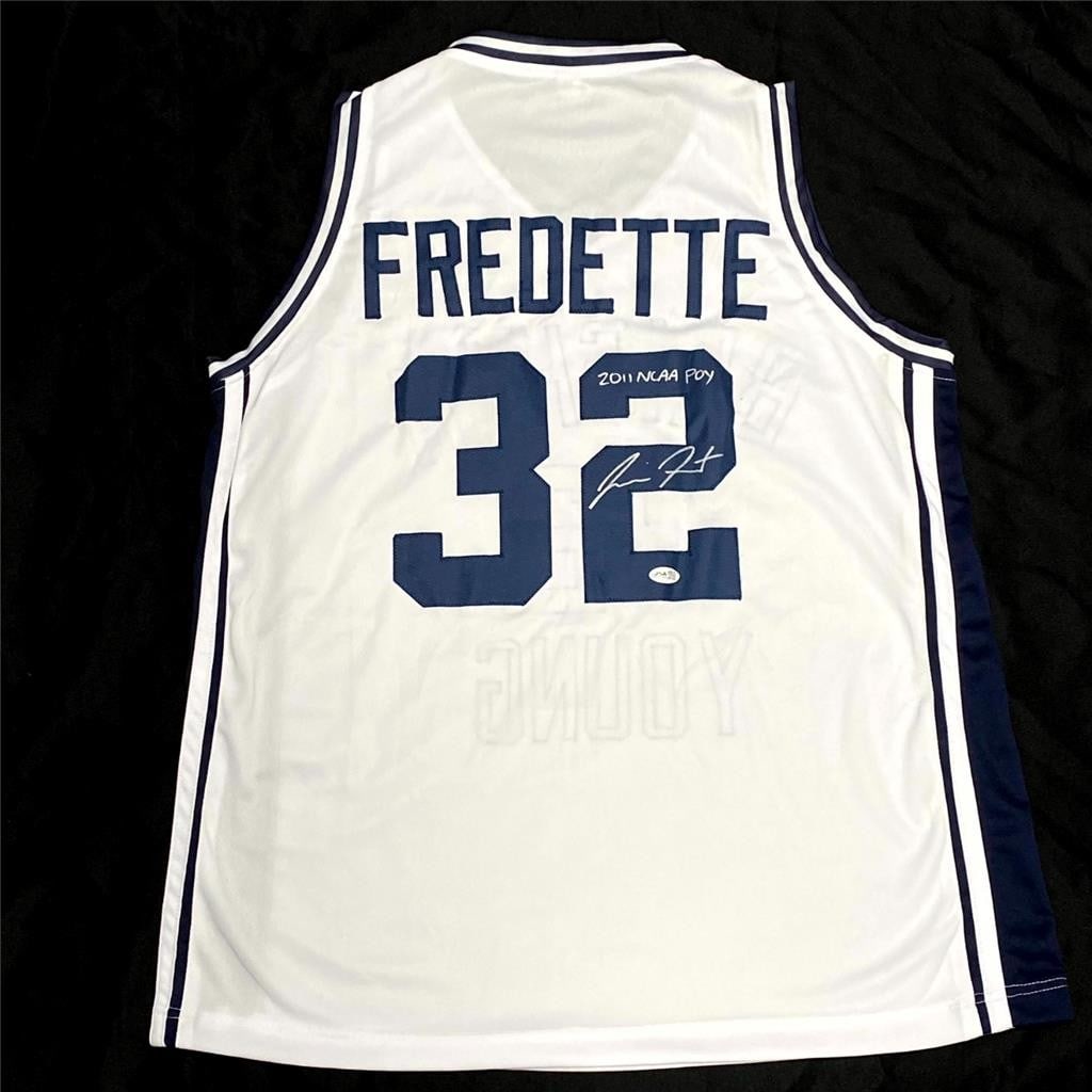 BYU Jimmer Fredette signed inscribed 2011 NCAA POY jersey JSA: BYU Jimmer Fredette signed inscribed 2011 NCAA POY jersey JSA This BYU basketball jersey features the autograph of Jimmer Fredette along with the inscription "2011 NCAA POY." The signature has been au
