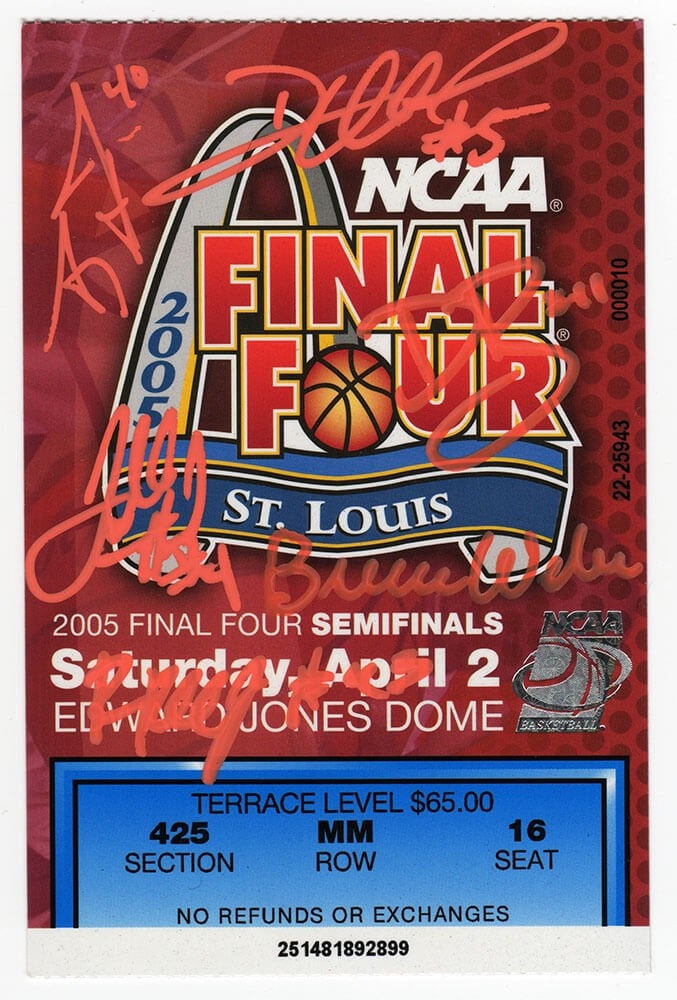 NCAA Final Four Ticket Signed by 2005 Illinois Team with Six Autographs and COA: NCAA Final Four Ticket Signed by 2005 Illinois Team with Six Autographs and COA This is an original 2005 NCAA Men's Basketball Tournament Final Four semi-finals game ticket, signed by six members of t